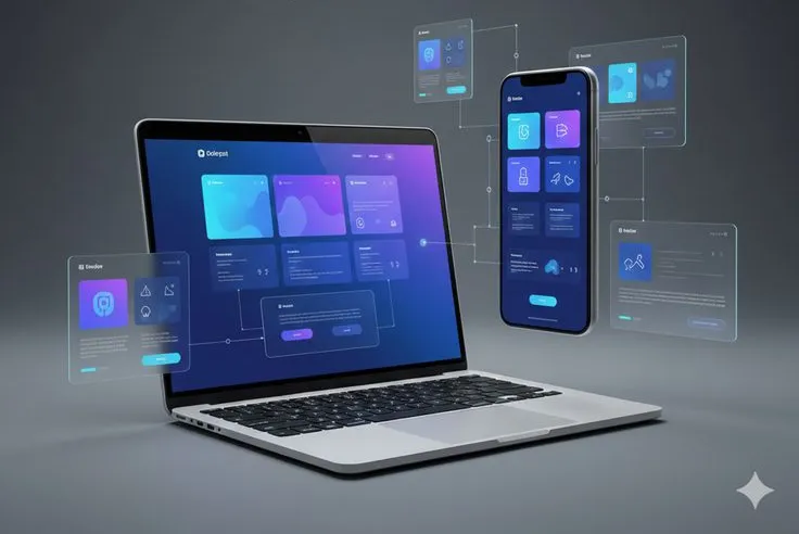 Illustration for Web development services focused on purposeful design functionality and SEO optimization